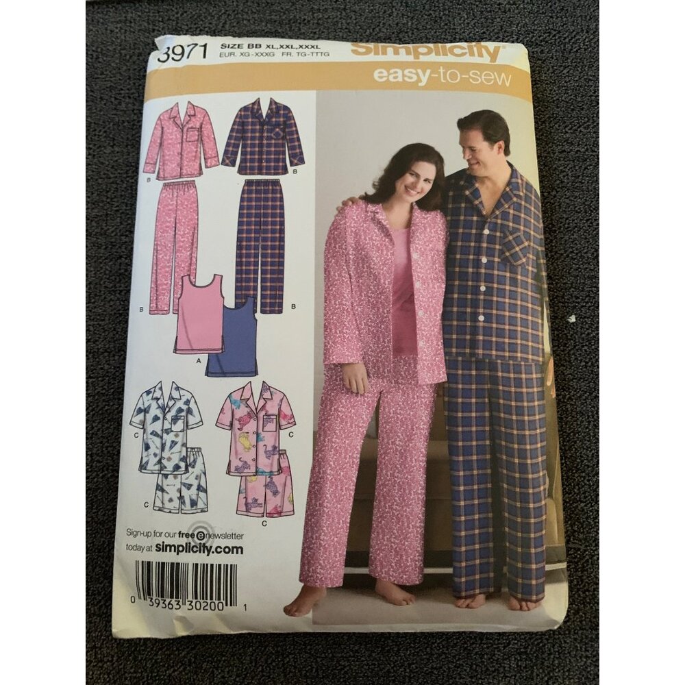 Simplicity 3971 Easy-To-Sew Pajama Pattern Uncut Size XLarge 2XLarge-3XLarge Sle